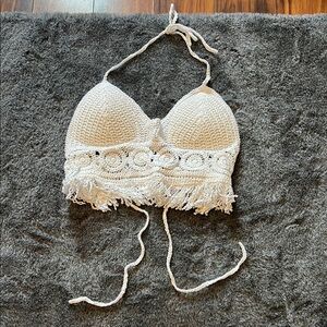 SHEIN White Crochet Fringe Crop Top